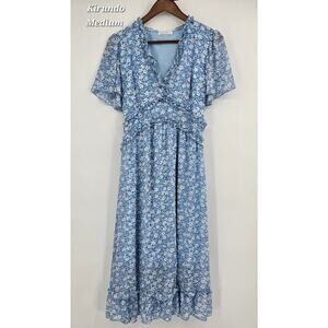 Kirundo Blue Floral Cottagecore Midi Dress | Romantic Prairie Garden Party